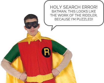 A person in a goofy costume stating the searched product cannot be found